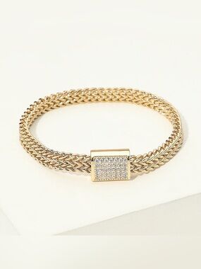 14K Gold Plated CZ Pave Clasp Accent Braided Mesh Magnetic Bracelet